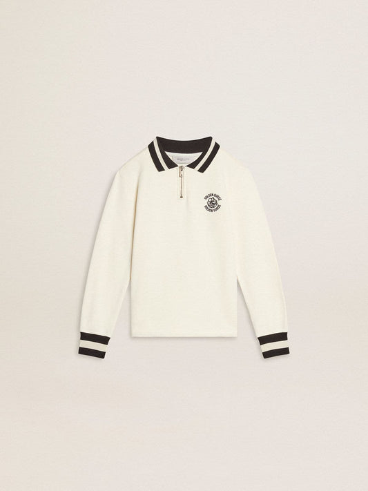 Golden Goose Kids white cotton polo sweatshirt with embroidery on the chest and print on the back