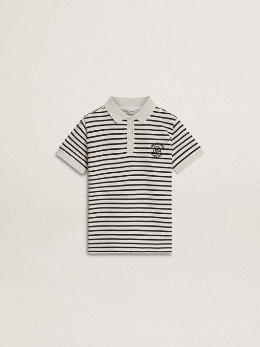 Golden Goose Boys' white cotton polo with navy blue stripes and embroidery