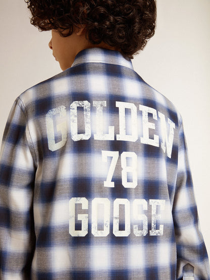 Golden Goose Boys' blue and white checked shirt with print on the back