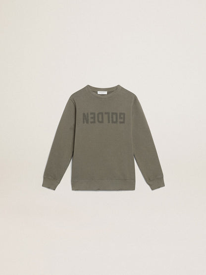 Golden Goose Distressed olive-green sweatshirt with Golden lettering on the front