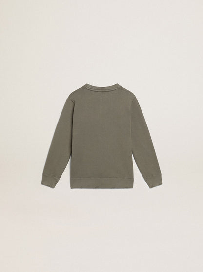 Golden Goose Distressed olive-green sweatshirt with Golden lettering on the front