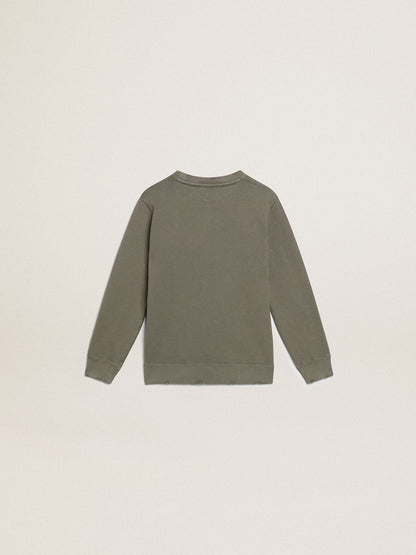 Golden Goose Distressed olive-green sweatshirt with Golden lettering on the front