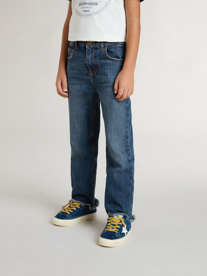 Golden Goose Boys' denim jeans with a raw edge and embroidery