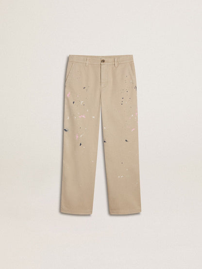 Golden Goose Kids’ beige chino pants with multicolor splashes