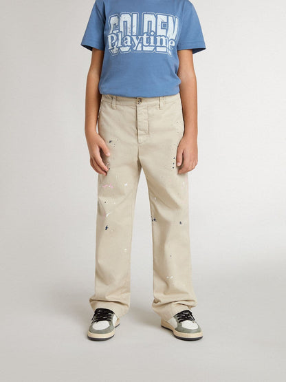 Golden Goose Kids’ beige chino pants with multicolor splashes