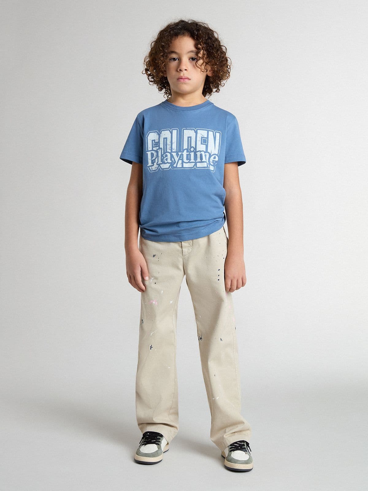 Golden Goose Kids’ beige chino pants with multicolor splashes