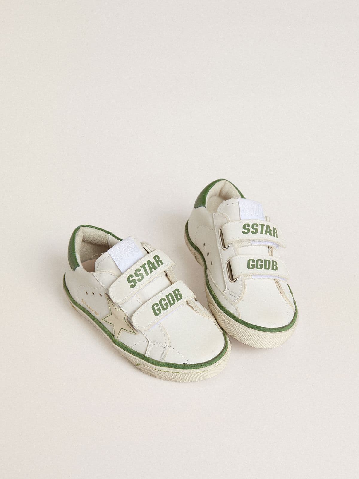 Golden Goose Junior Old School in white leather with green nappa heel tab and green insert