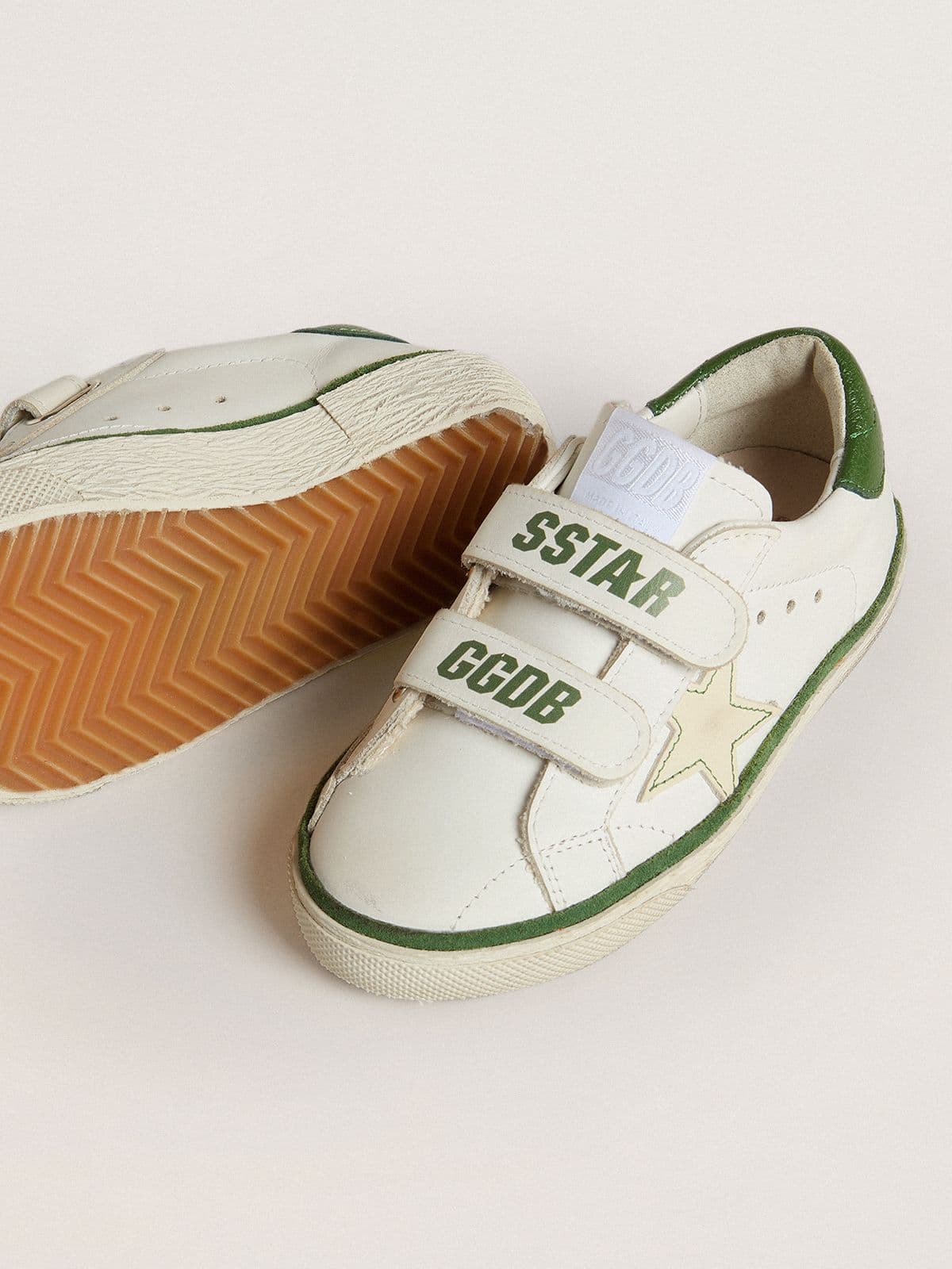 Golden Goose Junior Old School in white leather with green nappa heel tab and green insert
