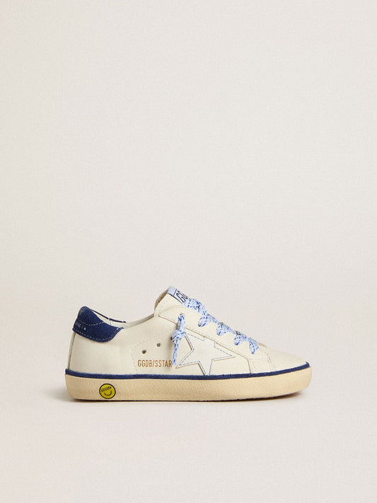 Golden Goose Junior Super-Star in white leather with blue suede heel tab