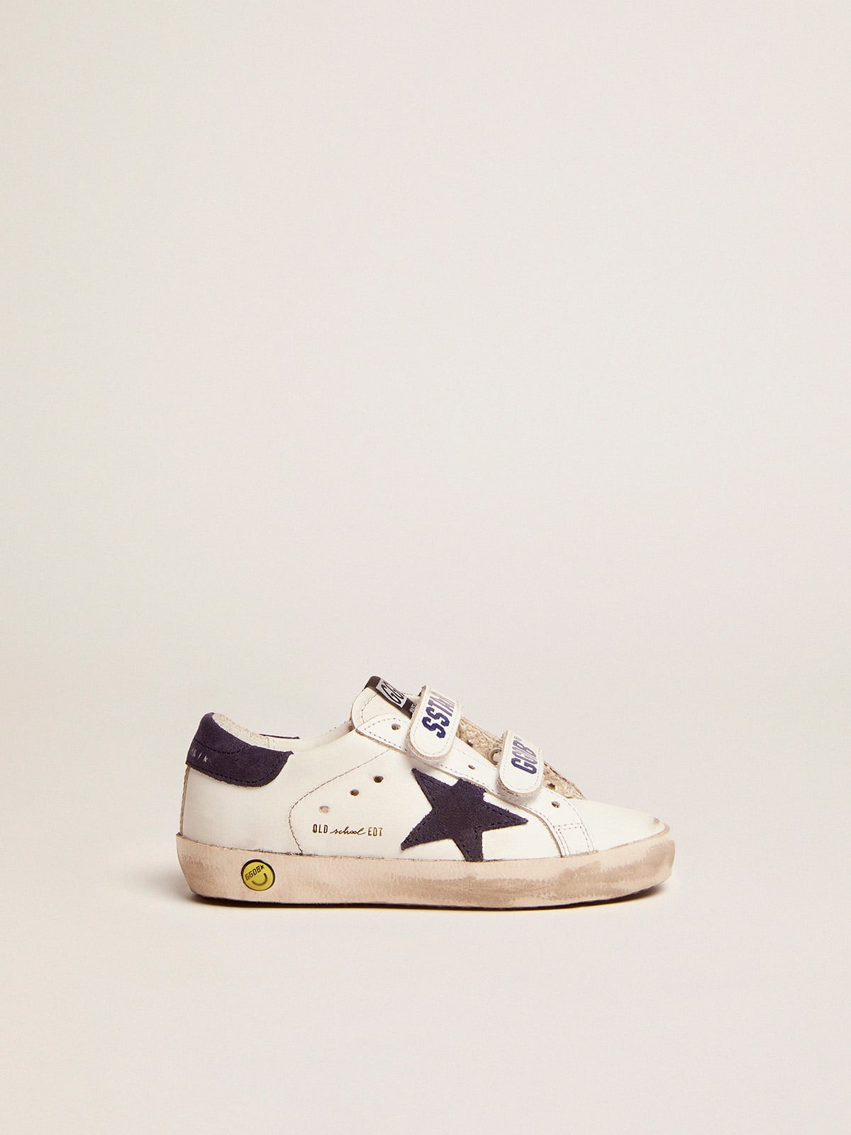 Golden Goose Old School Junior in white leather with blue suede star and heel tab