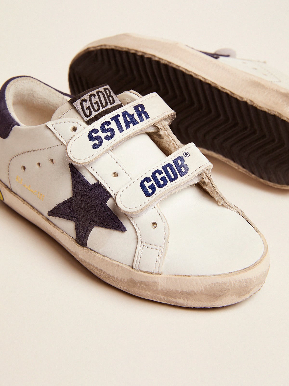 Golden Goose Old School Junior in white leather with blue suede star and heel tab