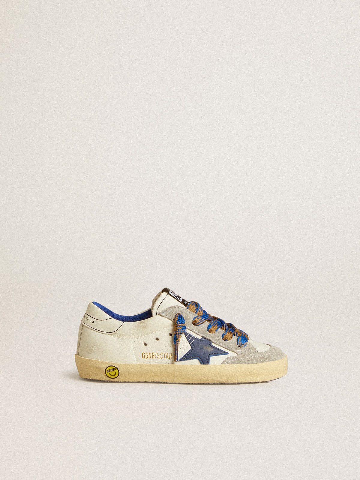 Golden Goose Super-Star Junior with blue leather star and ice-gray suede inserts
