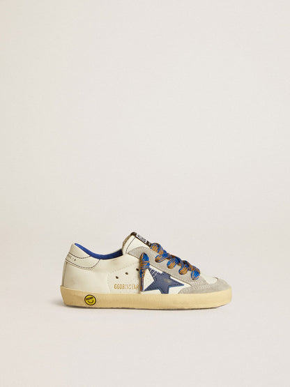 Golden Goose Super-Star Junior with blue leather star and ice-gray suede inserts