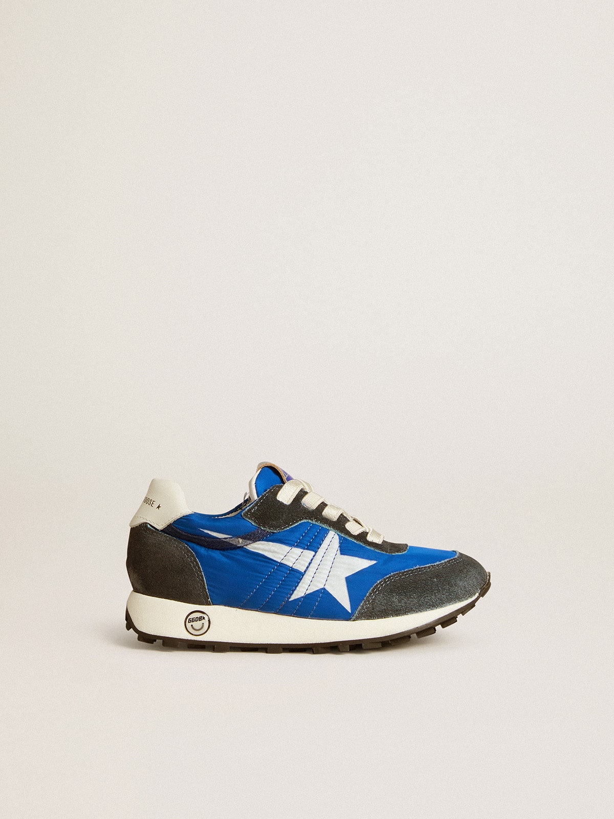 Golden Goose Marathon Young in blue nylon with printed star and leather heel tab