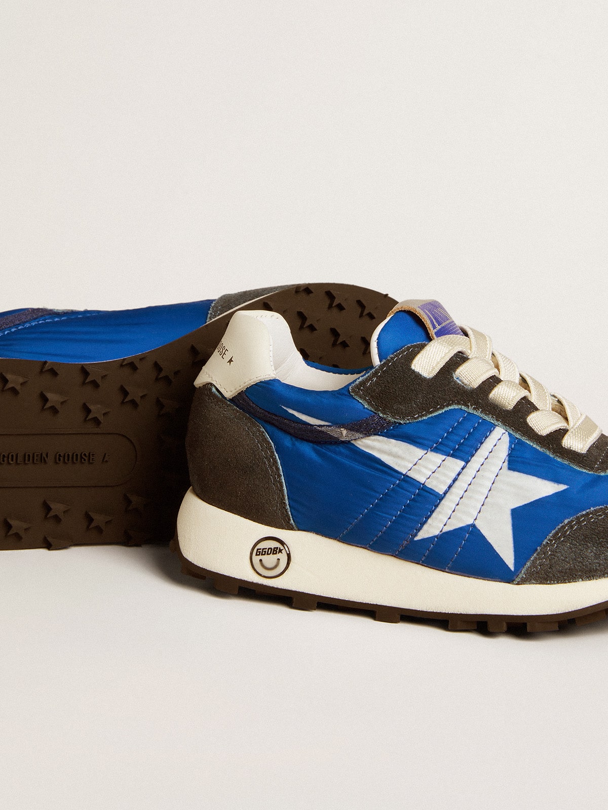 Golden Goose Marathon Young in blue nylon with printed star and leather heel tab