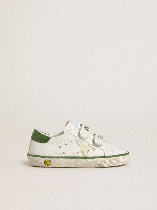 Golden Goose Young Old School in white leather with green nappa heel tab and green insert
