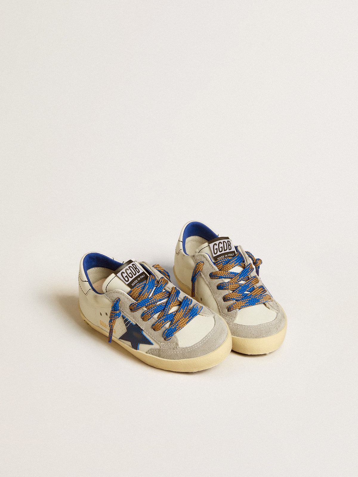 Golden Goose Super-Star Young with blue leather star and ice-gray suede inserts