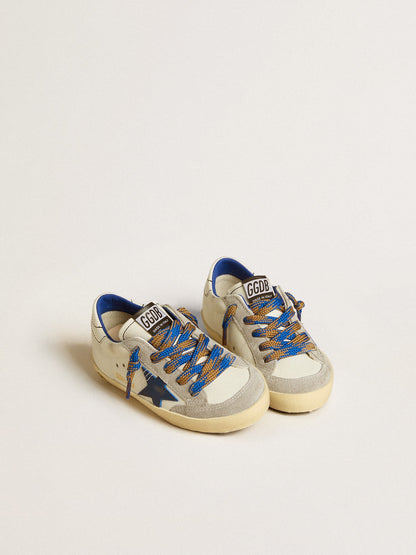 Golden Goose Super-Star Young with blue leather star and ice-gray suede inserts