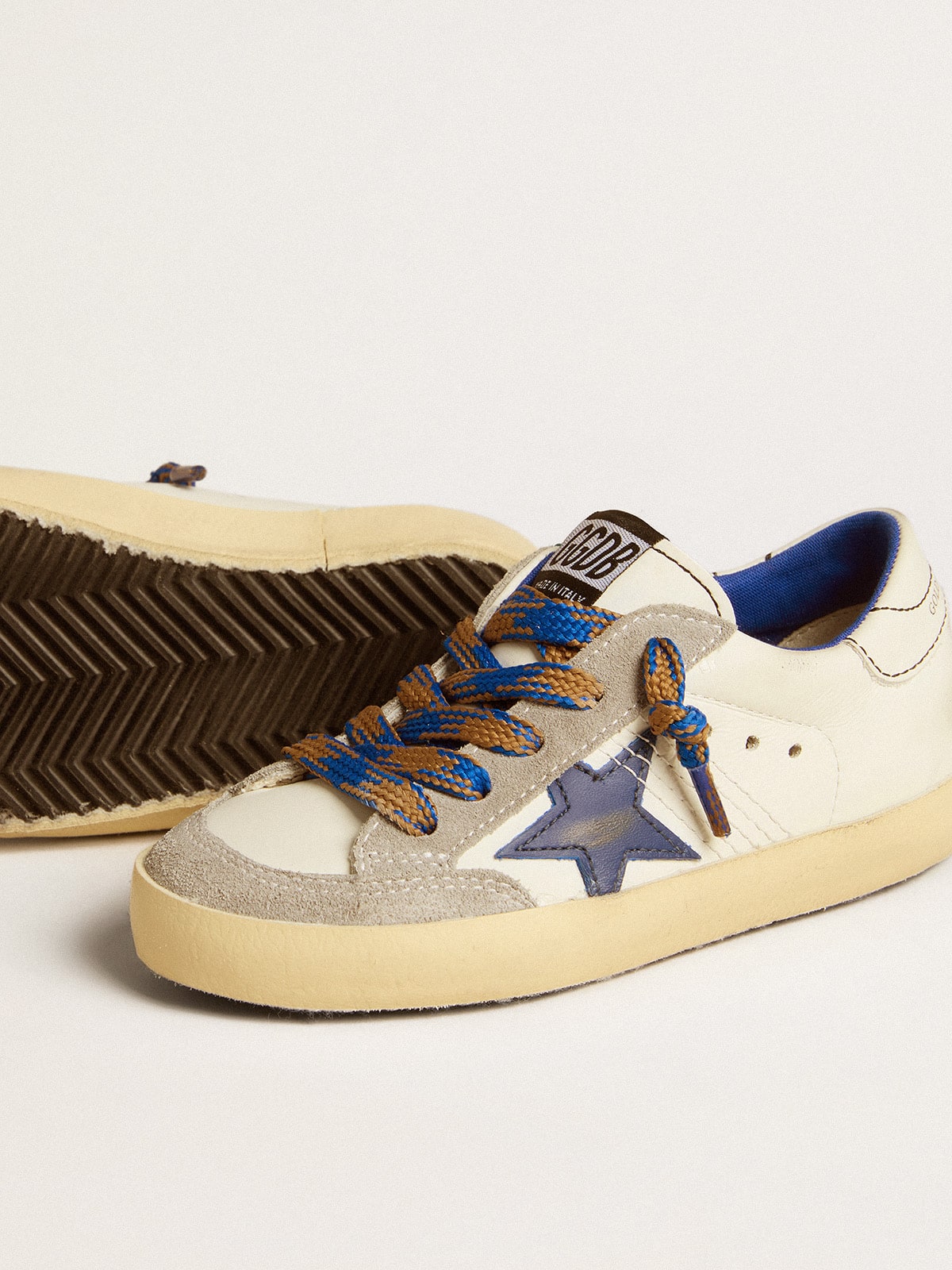 Golden Goose Super-Star Young with blue leather star and ice-gray suede inserts