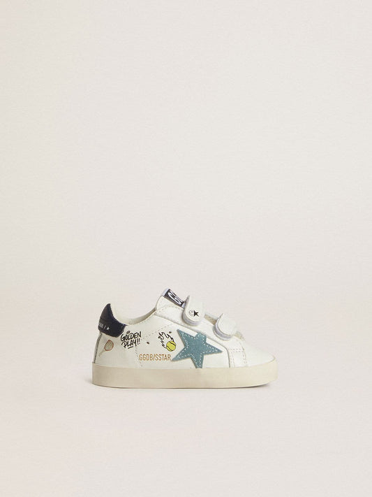 Golden Goose Baby School in white nappa with light blue suede star and tennis motif